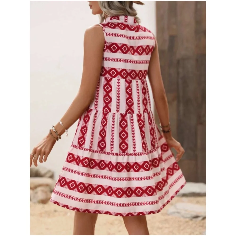Boho Geo Print Sleeveless Ruffle Dress - Picture 5 of 12